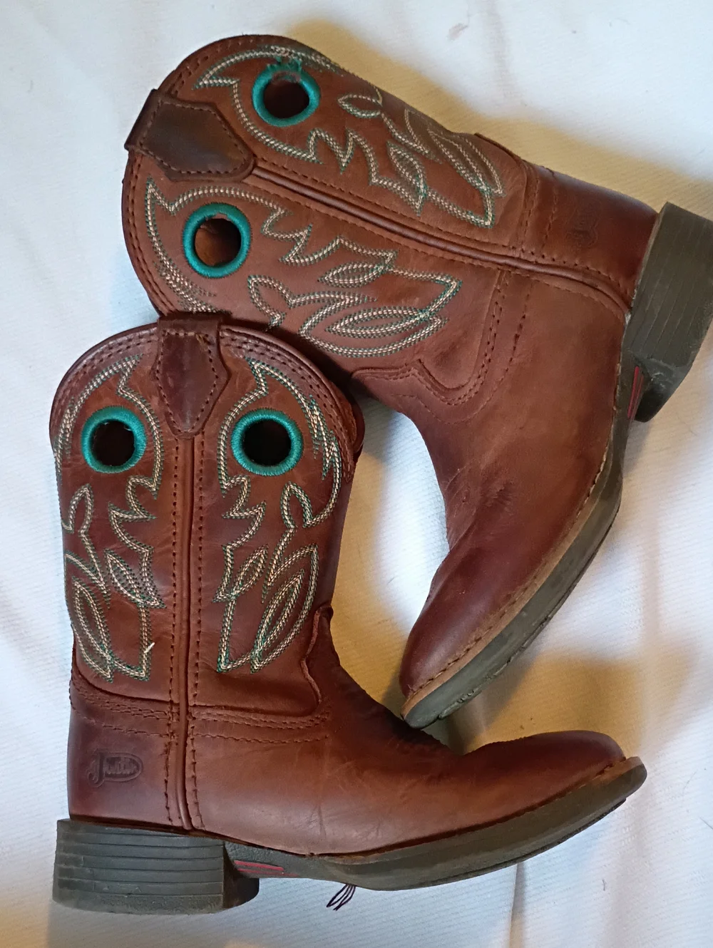 Justin Boots Kids Brown Leather Western Boots with Teal Stitching